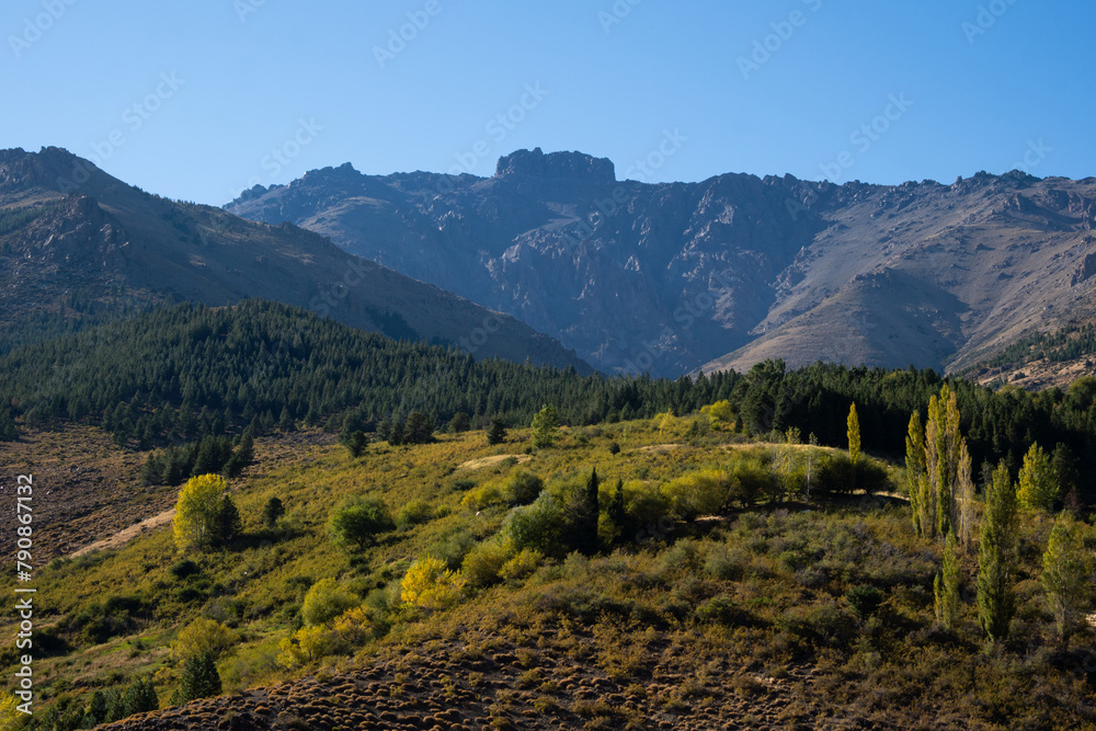 Mountain landscape in autumn and Cerro Corona de Huinganco, Neuquén province, Patagonia.