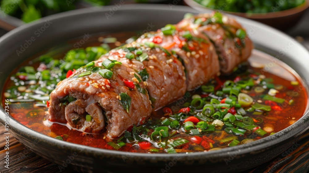 meat and vegetables bathed in broth, adorned with sauce and garnishes meat and vegetables bathed in broth, adorned with sauce and garnishes