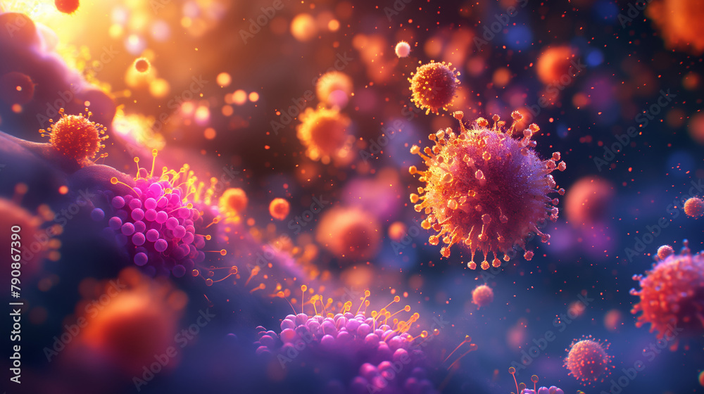 Microscope image between pollen and immune cells in the respiratory tract. Time of allergic reaction , cell function, science, treatment Microscope image between pollen and immune cells in the respiratory tract. Time of allergic reaction , cell function, science, treatment