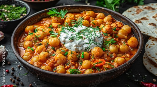  A bowl of chickpeas and carrots Nearby, a bowl of sour cream Pita bread beside it