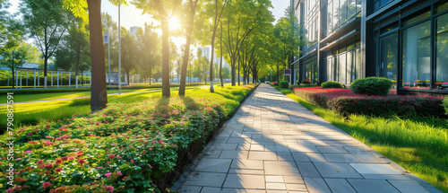 Sunlit Pathway by Modern Office Building in a Lush Green Park. Generative AI