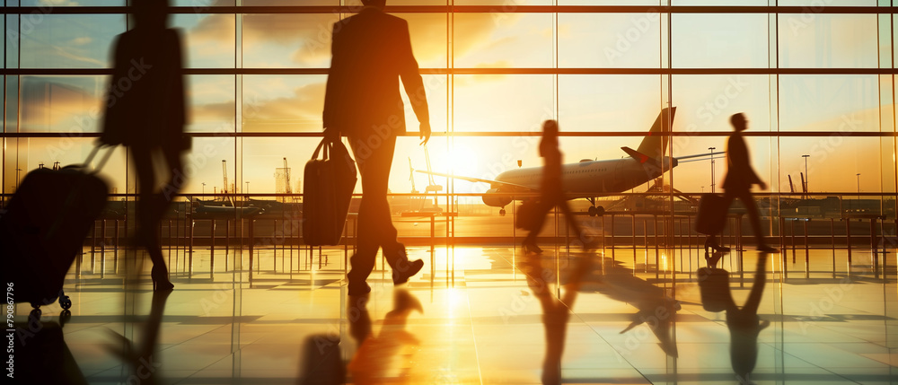 Business travelers at airport terminal with airplane during sunset. Generative AI