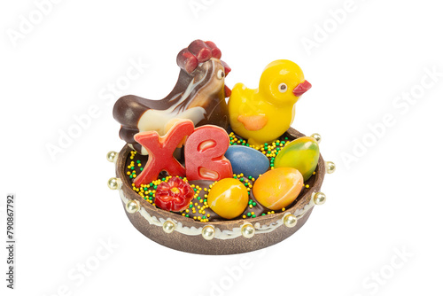 chocolate Easter egg and chicken handmade on white background