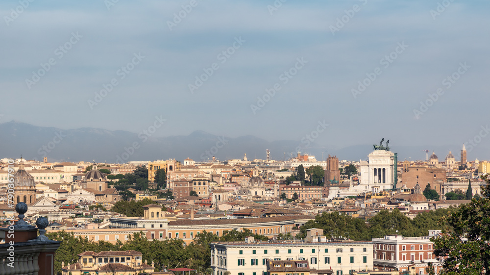 Panoramic cityscape from Gianicolo hill view point on sunny day, Rome, Italy