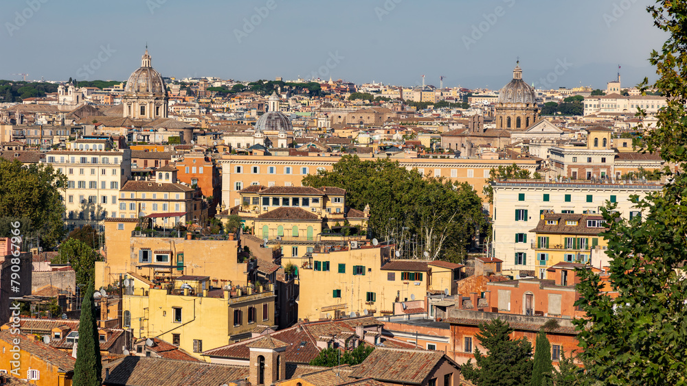 Panoramic cityscape from Gianicolo hill view point on sunny day, Rome, Italy