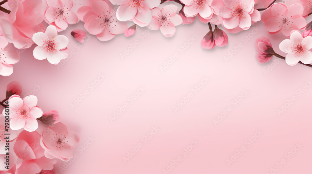 Spring blooming pink peach flowers on solid color background, Valentine's Day Mother's Day card design concept illustration Spring blooming pink peach flowers on solid color background, Valentine's Day Mother's Day card design concept illustration