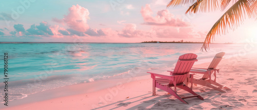 Serene beach dusk with two pink Adirondack chairs under a palm tree. Generative AI