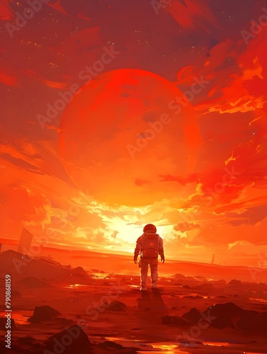 Lone Astronaut Stands Amidst the Desolate Beauty of the Martian Landscape Gazing into the Vast Crimson Sky as the Sun Dips Below the Horizon © Holly