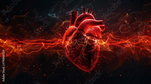 Vibrant human heart with ECG line igniting passion for cardiology and health awareness photo