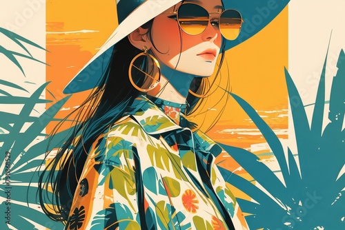 A vintage-style illustration of a woman in sunglasses and a hat, wearing retrofuturistic attire with tropical patterns, set against an abstract background of palm trees and sunsets.