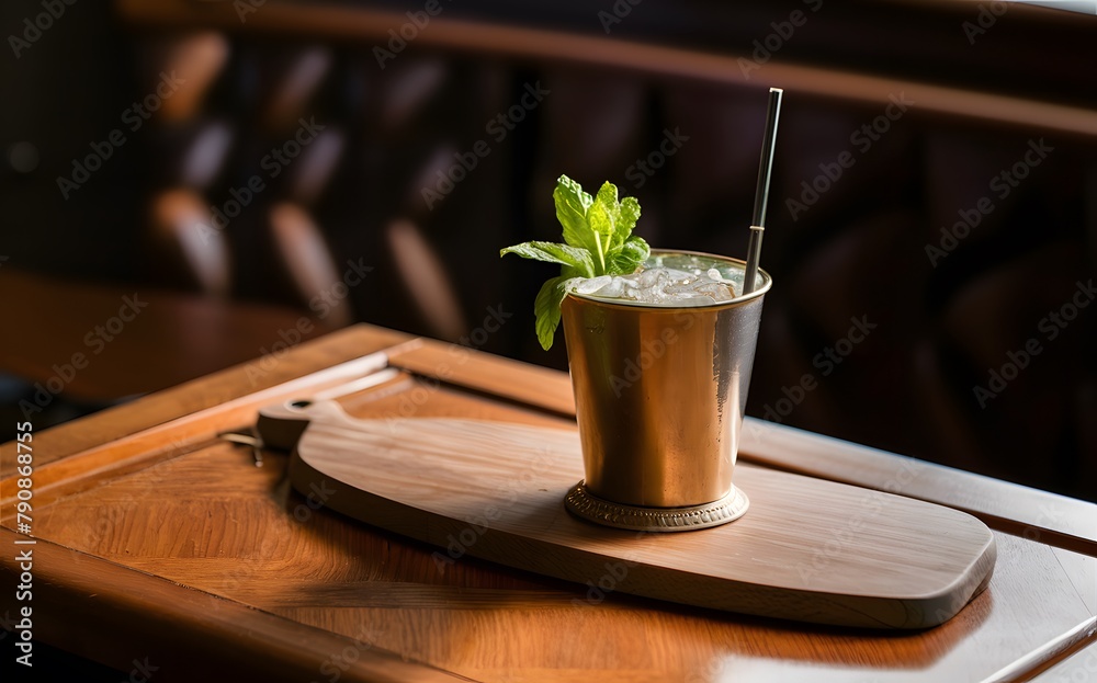 Photo Mint julep cocktail served on wooden board in restaurant setting - obrazy, fototapety, plakaty 