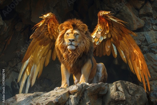 Majestic Winged Lion On A Cliff In Golden Light photo