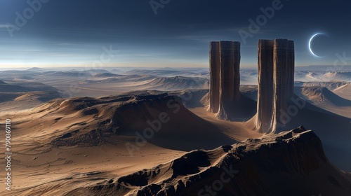 Futuristic Twin Towers Rising From A Deserted Canyon