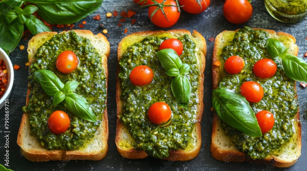 Two slices of bread topped with pesto, tomatoes, and basil Two slices of bread topped with pesto, tomatoes, and basil