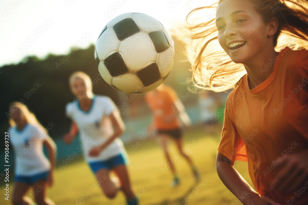 Fototapeta premium Female Soccer players performs an action on soccer stadium. Teenage girls playing soccer close up