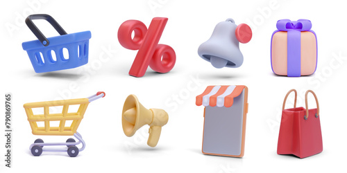 Set of realistic shopping vector icons. Basket, discount, bell, gift, cart, megaphone, phone, bag