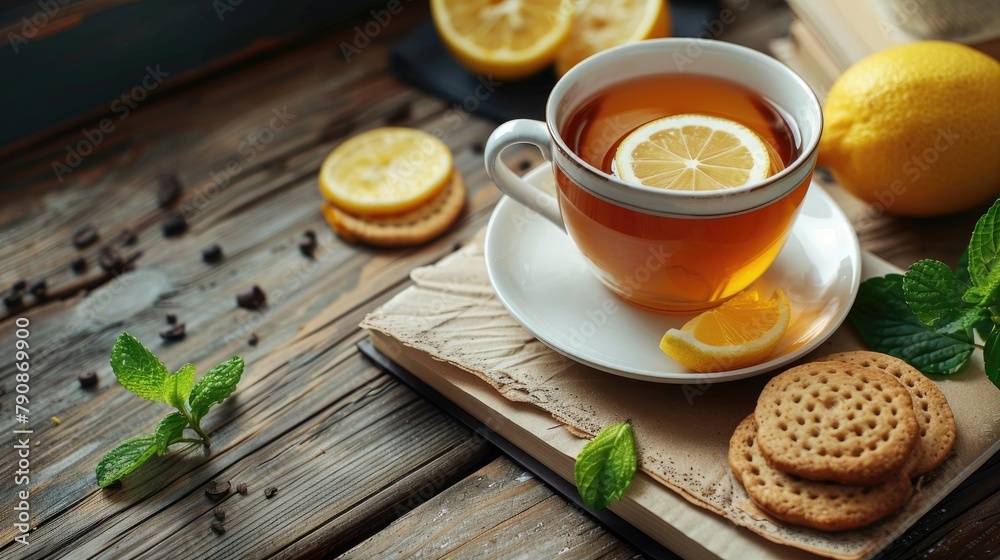 Morning Refreshment Tea with Lemon and Treats on a Wooden Surface Morning Refreshment Tea with Lemon and Treats on a Wooden Surface