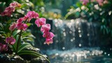 Elegant pink orchids swaying in serene garden oasis for a tranquil and graceful scene
