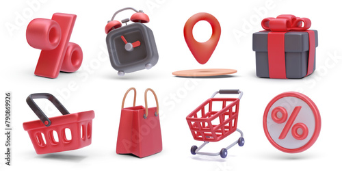Set of realistic sale vector icons isolated on white background. Discount, watch, pointer, cart, basket, bag