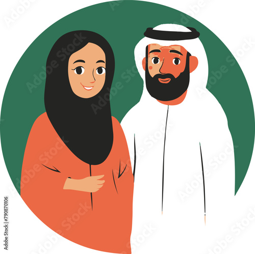 Cartoon muslim man and woman wearing ihram clothing