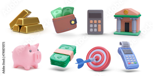 Set of realistic banking vector icons isolated on white background. Gold bars, wallet, calculator, bank, piggy, dollars, target, terminal