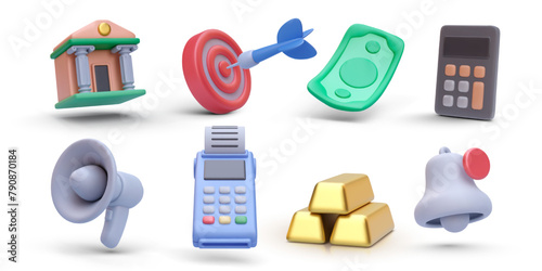 Set of realistic financial vector icons isolated on white background. Bank, target, dollar, calculator, megaphone, pos, gold bars, bell