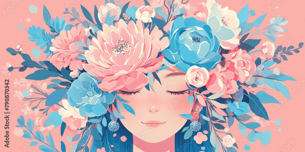 woman face with a pink background and flowers, turquoise blue hair
