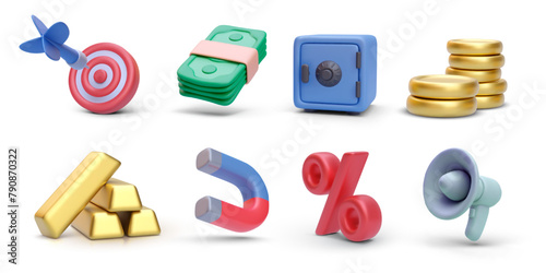 Set of realistic investment vector icons isolated on white background. Target, money, safe, coins, gold bars, magnet, discount, megaphone