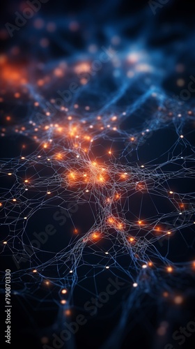 AI neural network graphic visualization, intricate connections and data points glowing on dark background, focus on deep learning ,ultra HD,digital photograph