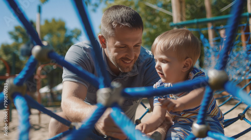 Handsome man with little boy at park at summer playground spending time together Enjoy this tender family time. father and son concept