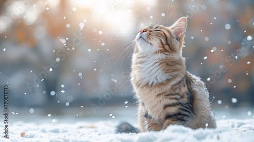  A tabby cat sits in the snow, gazing upward as snowflakes fall around it, with trees visible in the background