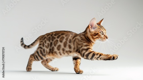 Graceful Bengal cat in mid-stride, showcasing natural agility and playful movement