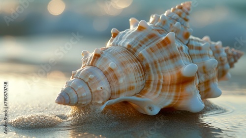 A close up of a sea shell on the beach with waves, AI
