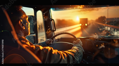 View from inside the cab of the truck. The truck is driving down the road. Car transport. The open road, a trucker's office.