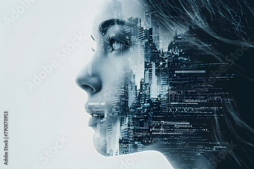 Side Silhouette human face with digital telecommunication graphic on image, ai, technology, computer.
Futuristic telecom communication with woman face on solid background. #790870953