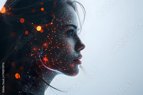 Side Silhouette human face with digital telecommunication graphic on image, ai, technology, computer. Futuristic telecom communication with woman face on solid background.