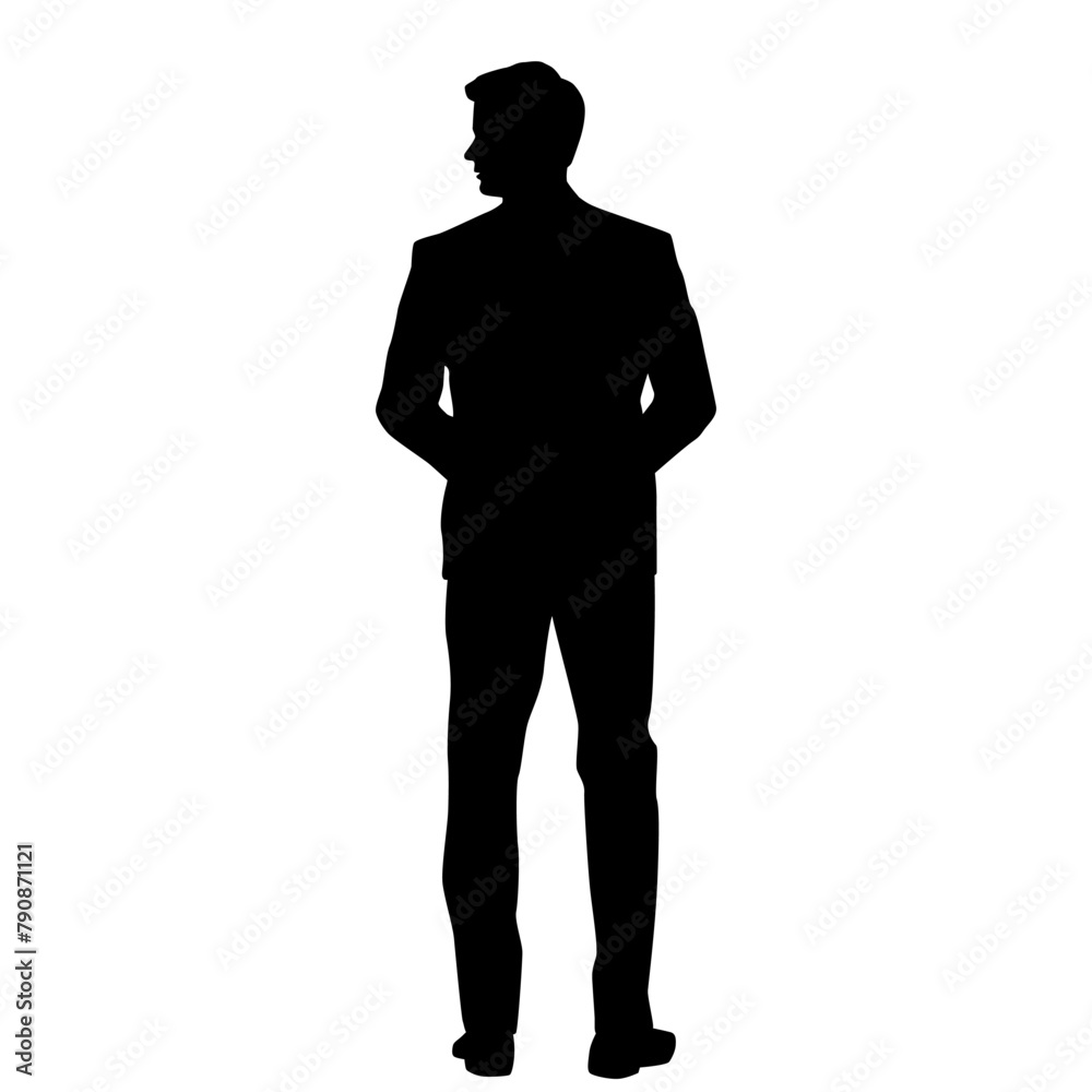 Vector silhouette of man  standing, profile, back view, business people, black color,  isolated on white background