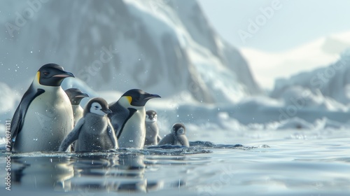 Emperor penguin family enjoying a serene moment in the Antarctic landscape