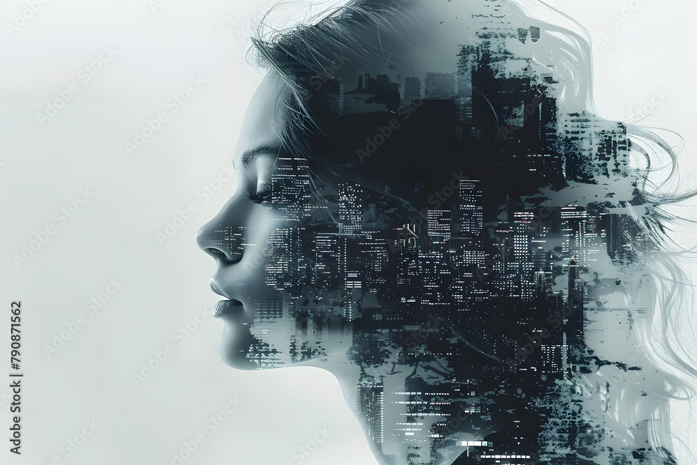 Side Silhouette human face with digital telecommunication graphic on image, ai, technology, computer.
Futuristic telecom communication with woman face on solid background.