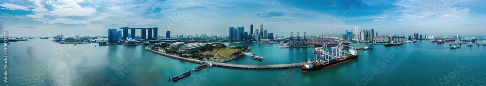 Aerial panoramic dusk view of town and port in Singapore.