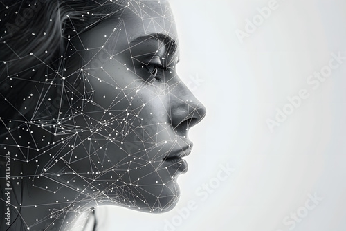 Side Silhouette human face with digital telecommunication graphic on image, ai, technology, computer.
Futuristic telecom communication with woman face on solid background. #790871528