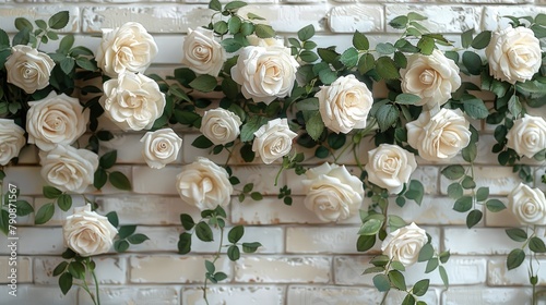 white roses allover winding up in tendrils on a old creme white painted brick wall, illustration made with Generative Ai