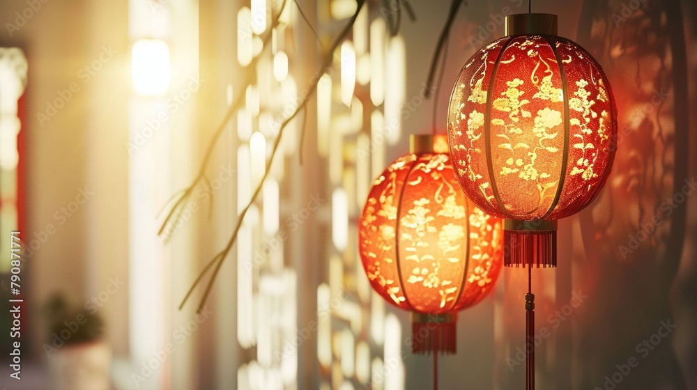 Ornate Chinese lanterns casting a warm glow against a pristine white surface, creating a captivating ambiance.