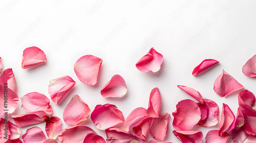 Pink petals of tulips or roses flowers top view isolated on a white background. Pink petals of tulips or roses flowers top view isolated on a white background.