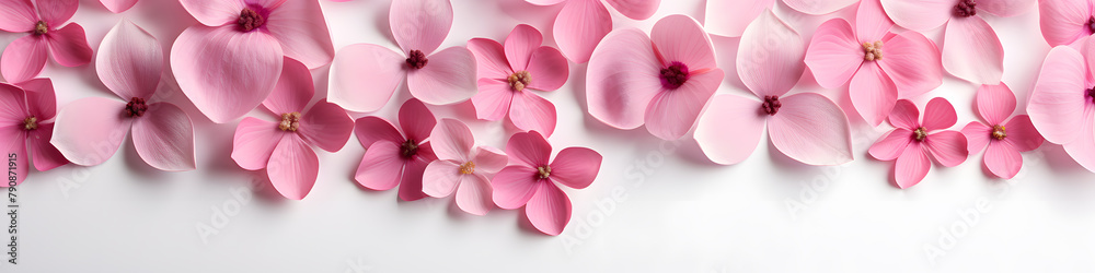 Obraz premium Pink petals of tulips or roses flowers top view isolated on a white background.