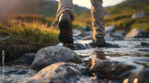 Feet walking on the river. Man in the forest. Exercise in nature with closeup. Mountain climber and athlete walking along the path in the forest. Relaxing and peaceful.