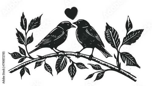 Illustration of two birds in love on a branch, black and white tattoo style, black ink photo