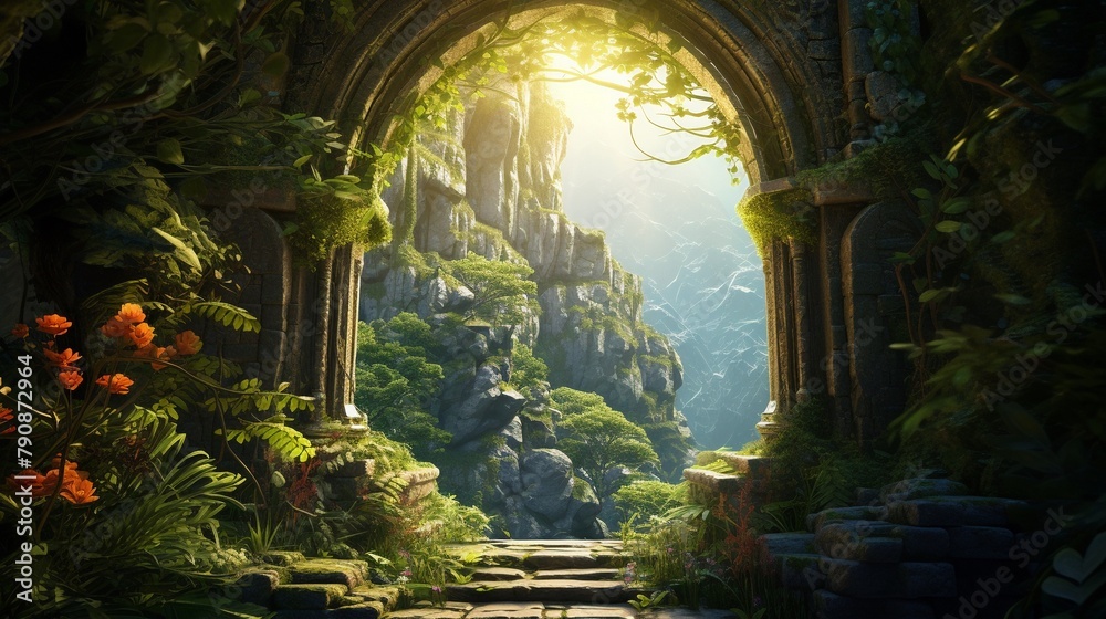 Fantasy landscape seen through a dimensional door, vibrant colors and magical creatures visible, doorway framed by stone arch in a lush forest , 3DCG,high resulution,clean sharp focus