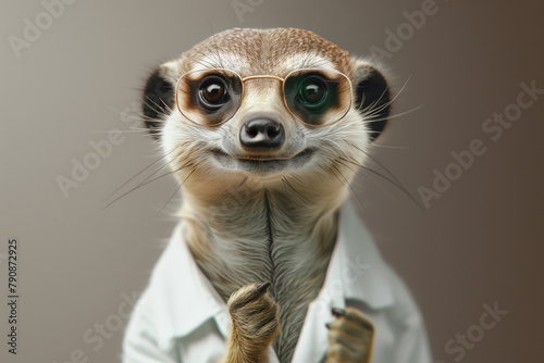 Professional meerkat in business attire with glasses with success gesture, holding fists