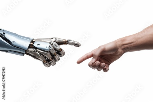 Artificial intelligence concept showing a robot hand touching a human hand, symbolizing the blend of technology and humanity, isolated on white ,close-up,ultra HD,digital photograp